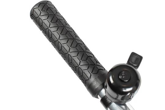 Close-up of a bicycle handlebar with black grips and a bell on a white background